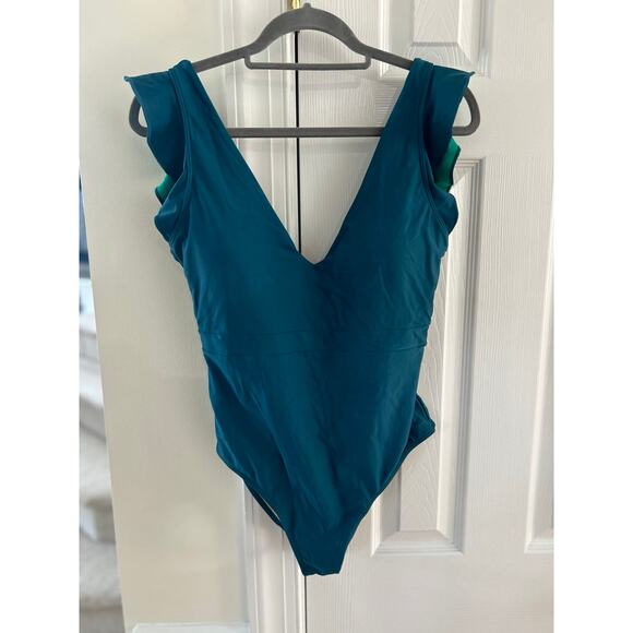 Summersalt Long Torso Ruffle Backflip Backless Cap Sleeve Teal Green Swimsuit - Picture 2 of 7